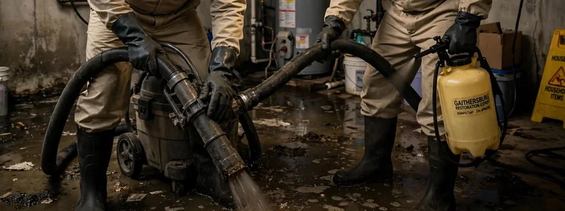 Flood cleanup hose and debris on a wet basement floor