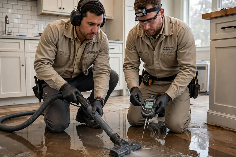 Water damage technicians extracting water and checking moisture