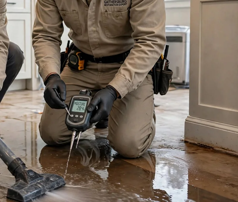 Technician using moisture meter for leak detection