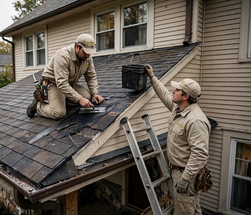 Technicians working on damaged roof shingles